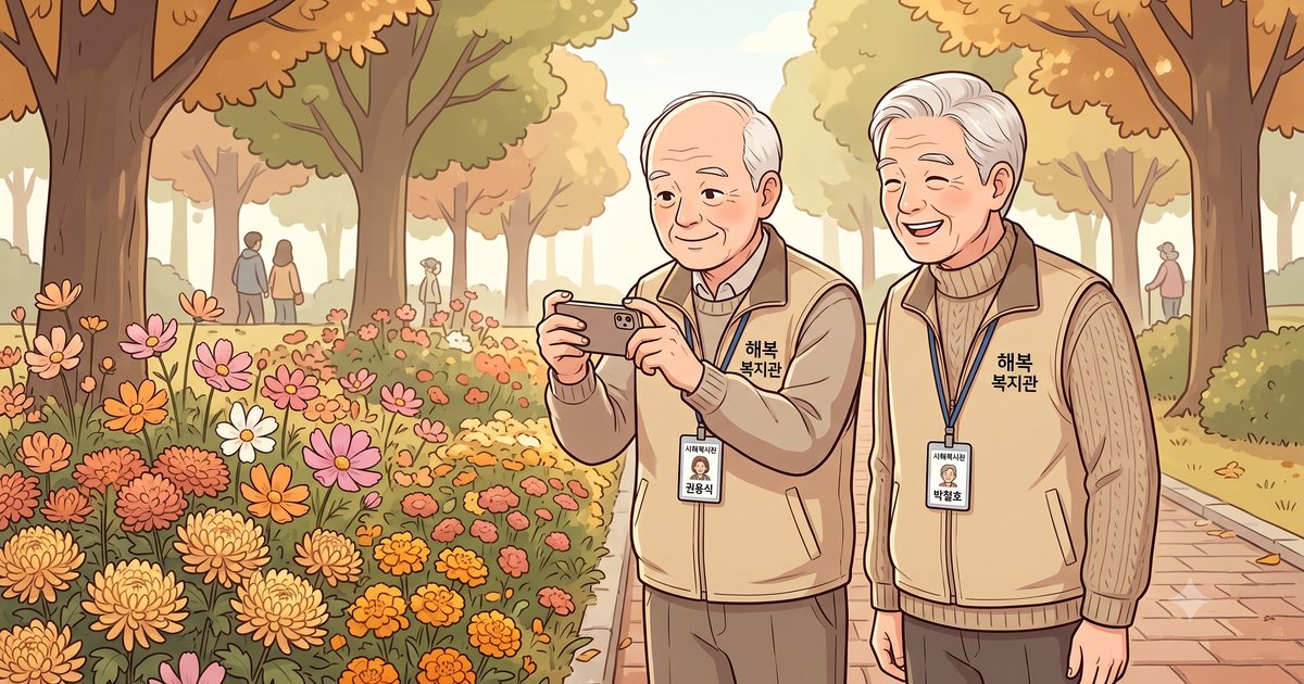 공원에서 조끼를 입은 어르신이 휴대폰으로 현장 사진을 찍고 옆의 어르신이 지켜보는 모습